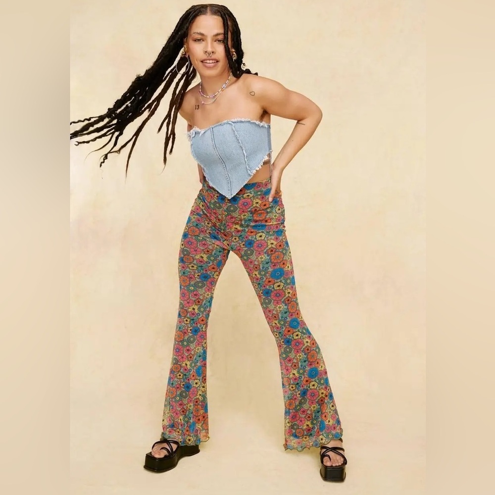 Nasty Gal Multicolor Floral Mesh Flare Pants